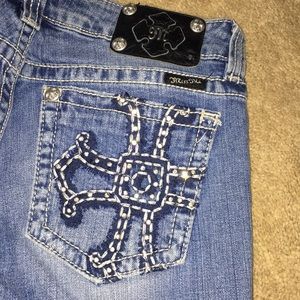 MissMe size 30 distressed jeans rhinestone cross